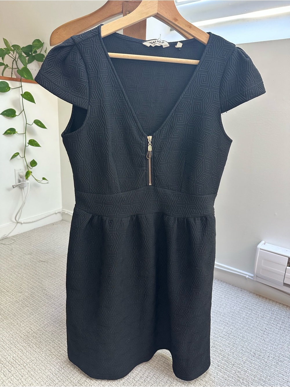 NAF NAF Black Textured V-Neck Dress with Front Zip